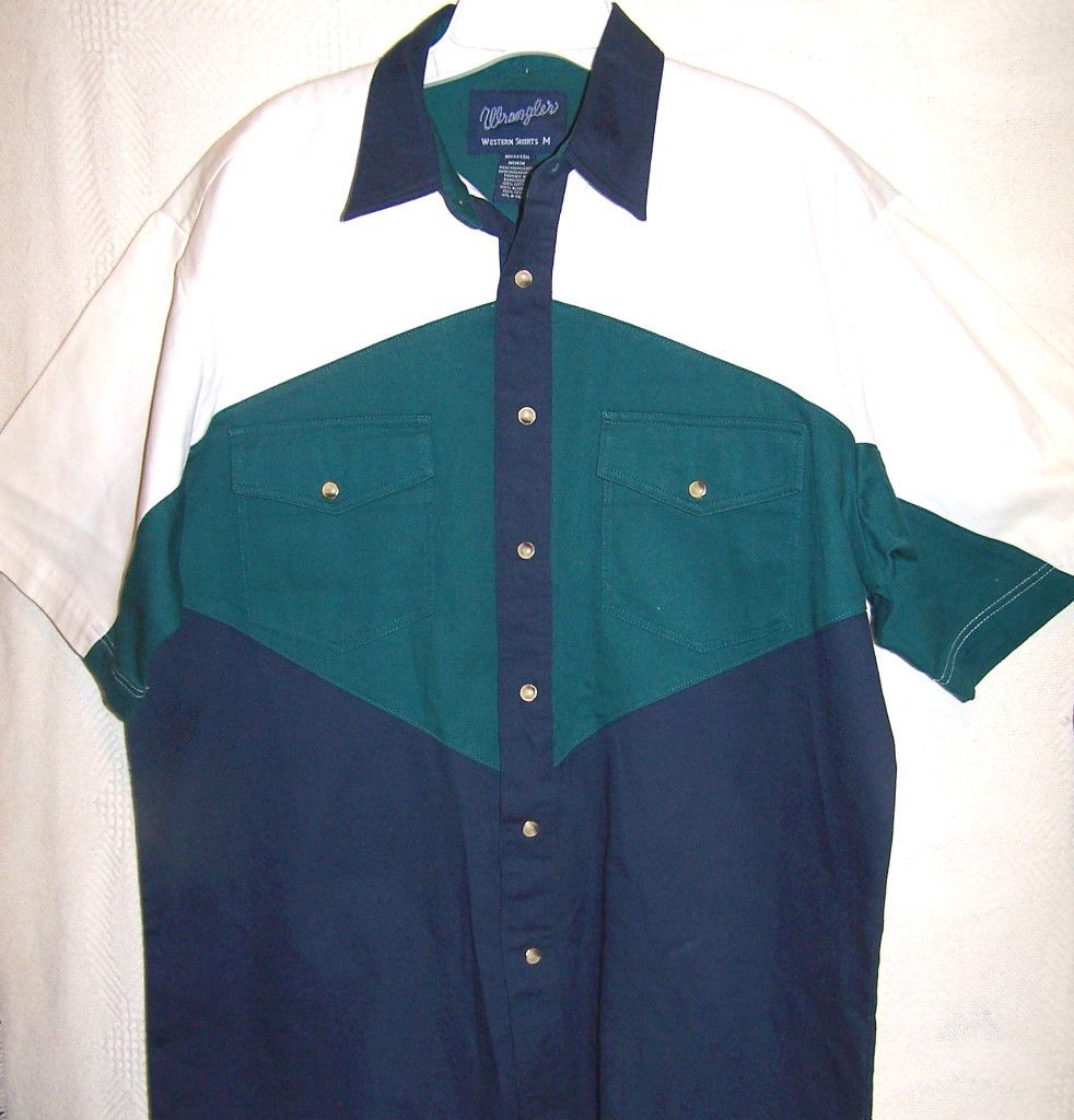   Cowboy Western Short Sleeve Blue Green White Heavy Cotton Shirt M MD