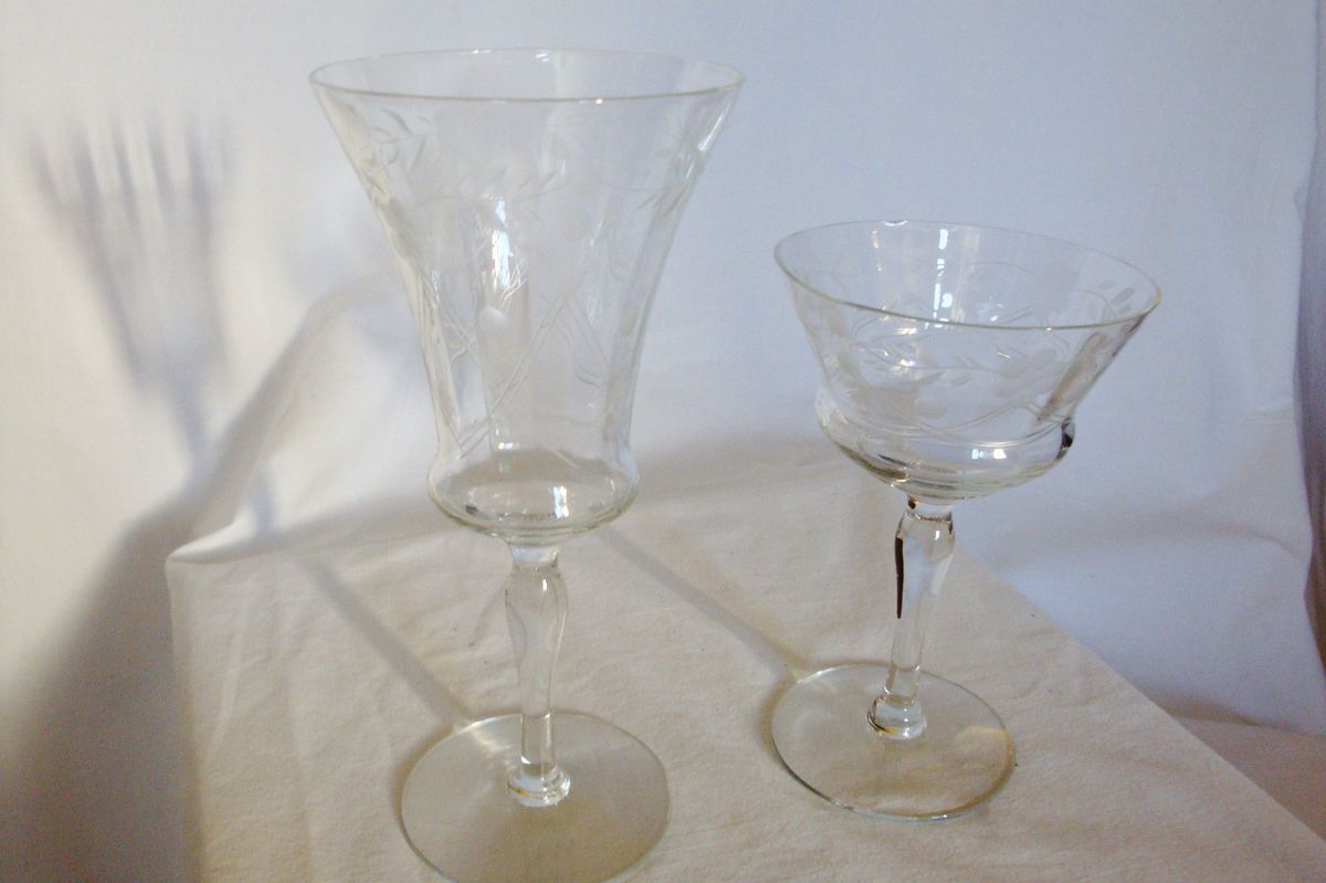 Depression Era Etched Crystal Bordeaux Burgundy Glasses Flowers Leaves