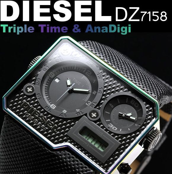 Brand New Diesel Triple Time ANA Digi Black Leather Men s Watch DZ7158