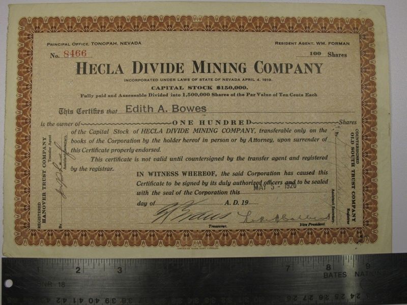 Hecla Divide Mining Co Nevada Stock Certificate