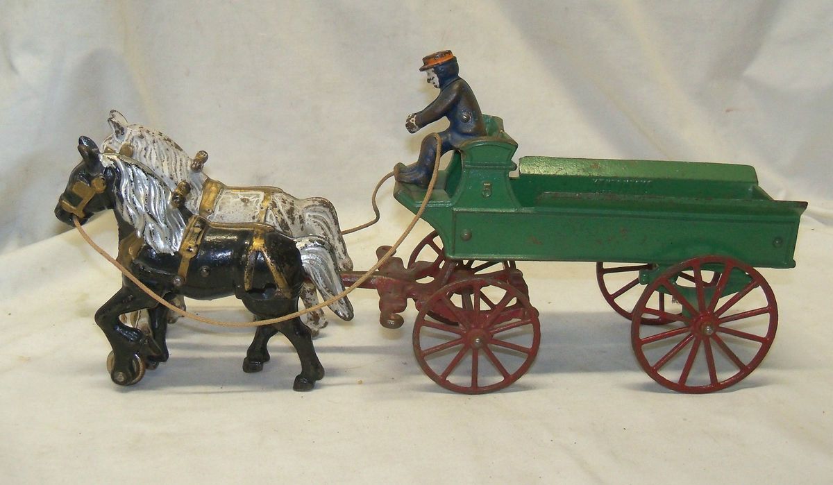  Antique Kenton Toys Cast Iron Horse Drawn Green Wagon w/ Driver Toy