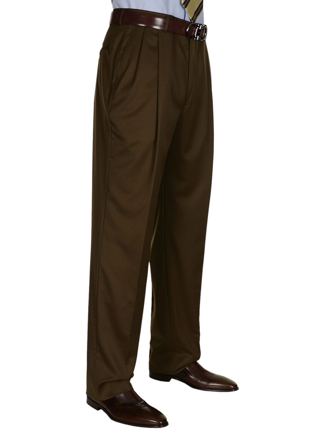 BERLE Mens Pleated Dress Pants Brown Worsted Wool Trousers Milan