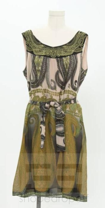 Donna Morgan Tan Black Green Embroidered Sleeveless Dress Size 10 New