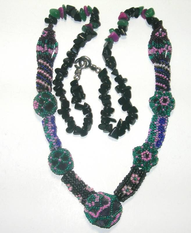 VINTAGE AMETHYST & GEMSTONE SAUTOIR HAND BEADED ARTISAN INTRICATE