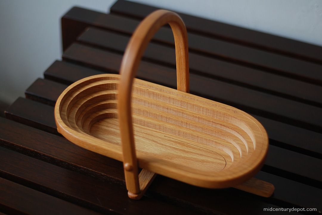 Unique Collapsable Danish Modern Wooden Basket Bowl MCM