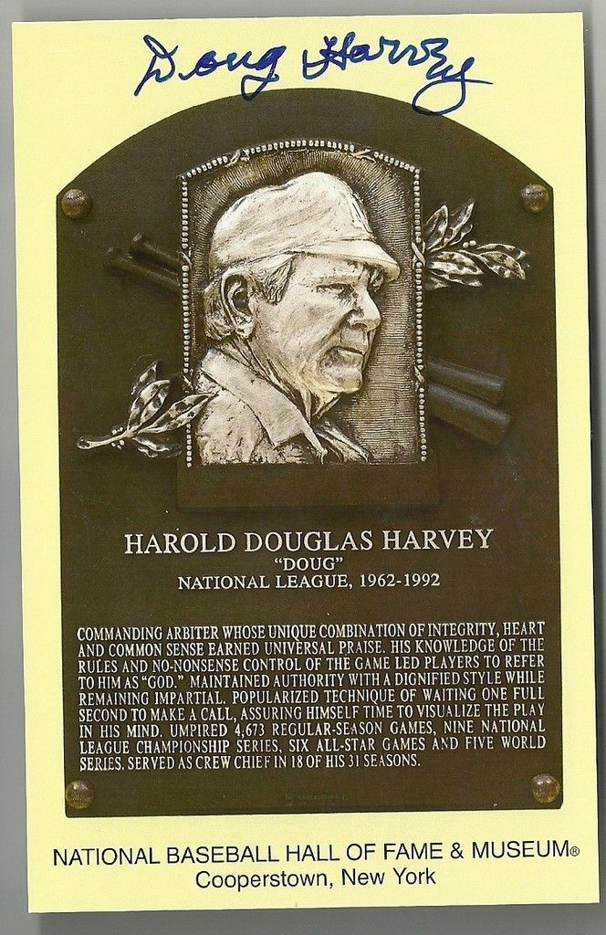HOFer Doug Harvey Signed HOF Plaque Postcard JSA Bob Feller Museum