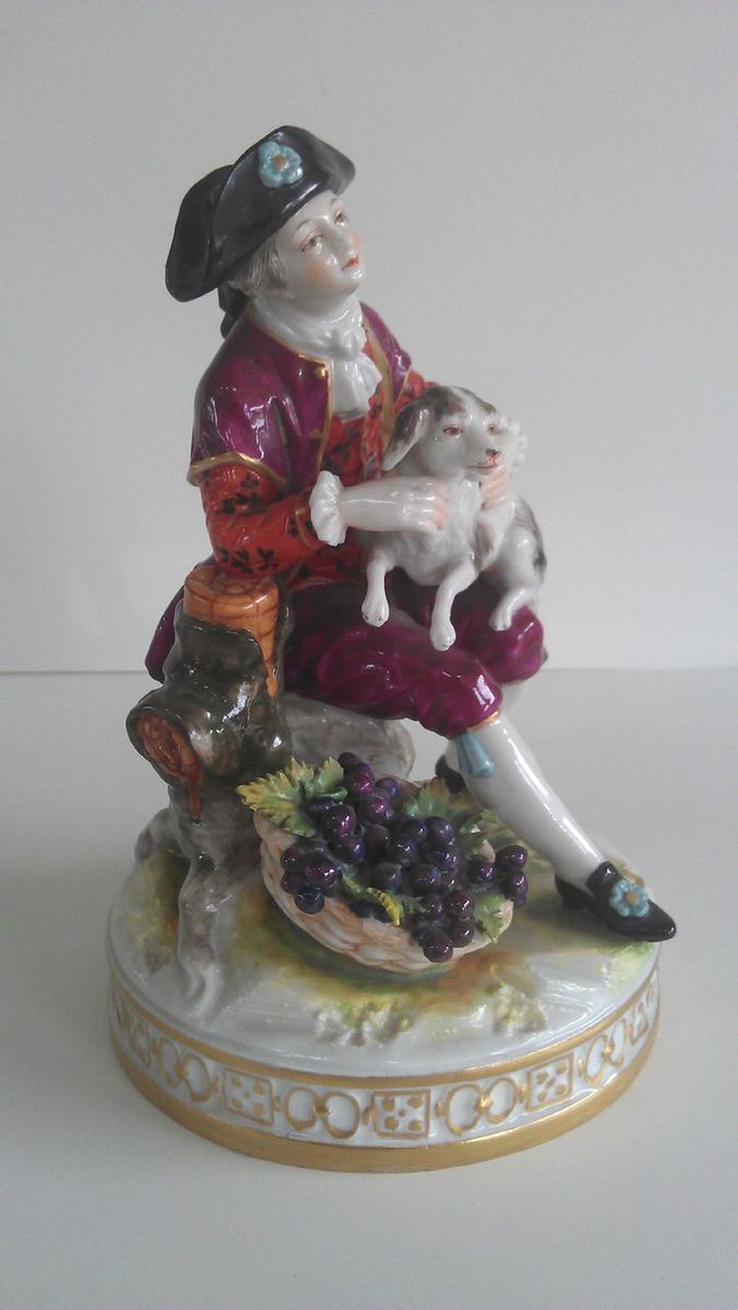 Dresden Figurine Man Dog Basket of Grapes