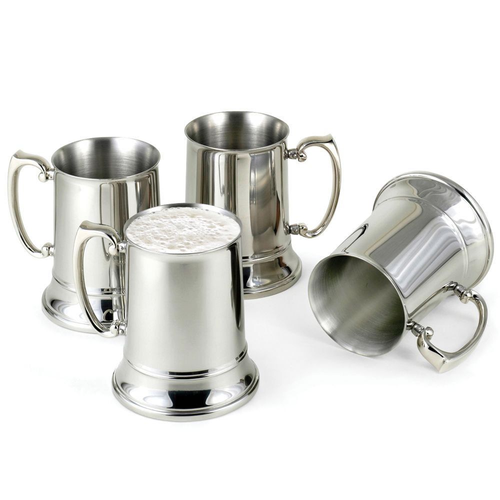 POLISHED STAINLESS DRINKWARE Dual Walls SET of 4 BEER MUGS STEINS 16