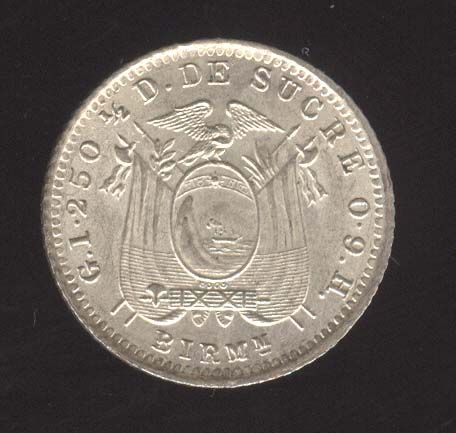 ECUADOR COIN SILVER 1/2 DECIMO 1915 BEAUTY UNC