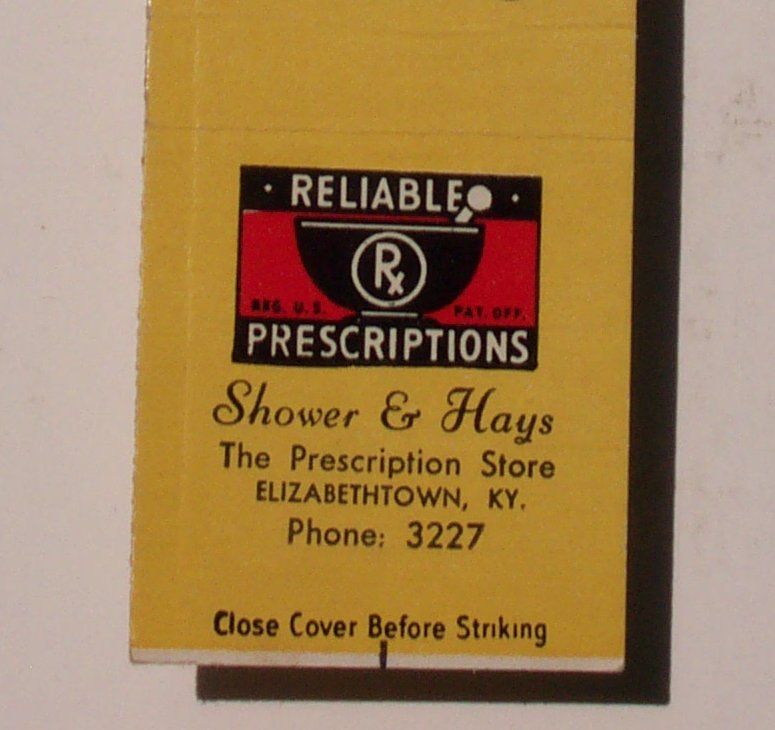 1940s Shower Hays Drugs Matchbook Elizabethtown KY