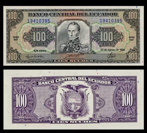 100 Sucres Banknote of Ecuador 1993 Bolivar Portrait Pick 123A Crisp