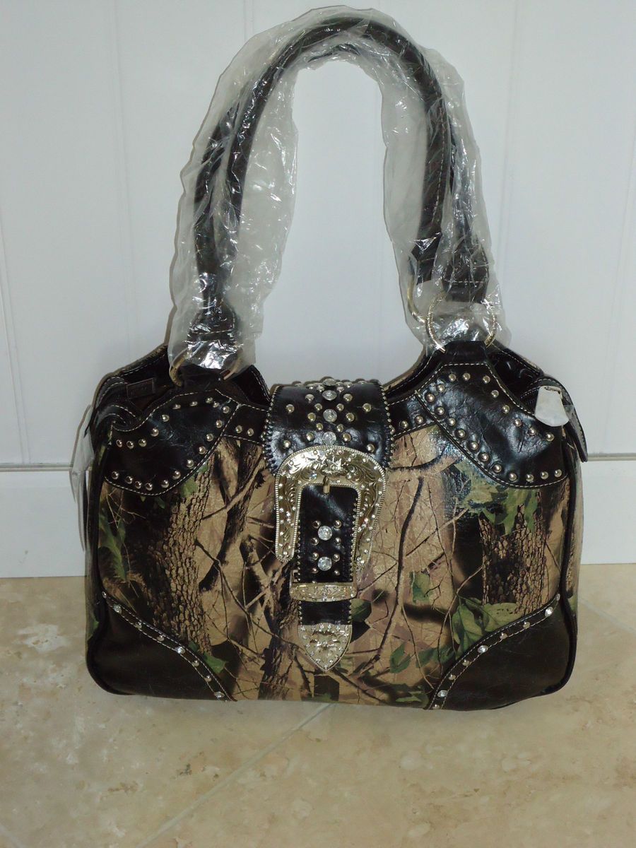 NEW MOSSY OAK CAMO BUCKLE PURSE Montana West Tote Handbag Black silver