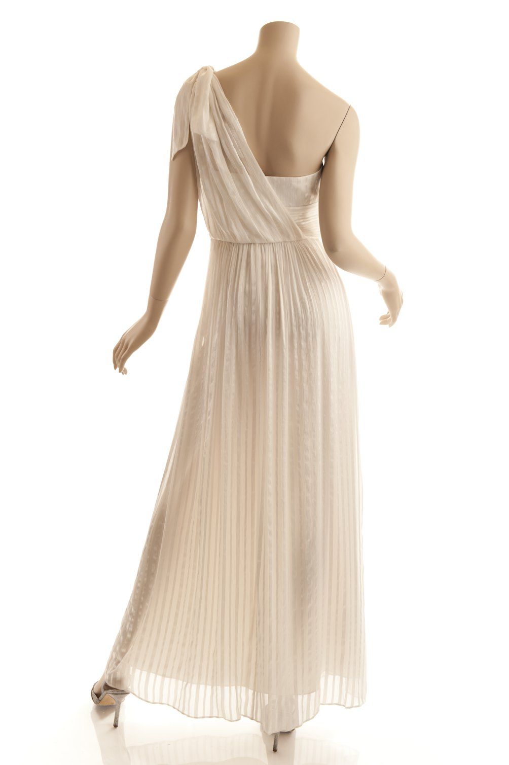 BCBG Max Azria White Silk Damask Stripe Grecian Strapless Gown Size 12