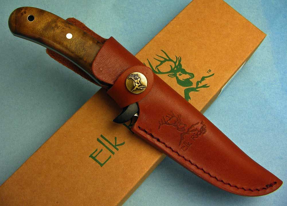 Elk Ridge Finger Groove Burl Wood Hunter Skinning Knife