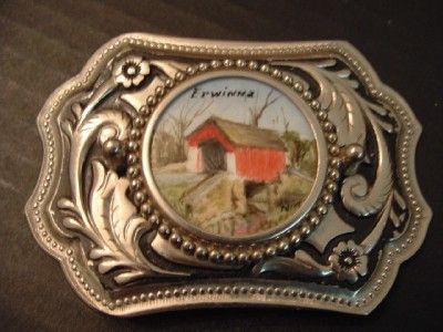 Vintage Old Amish Hand Painted Erwinna PA Covered Bridge Belt Buckle