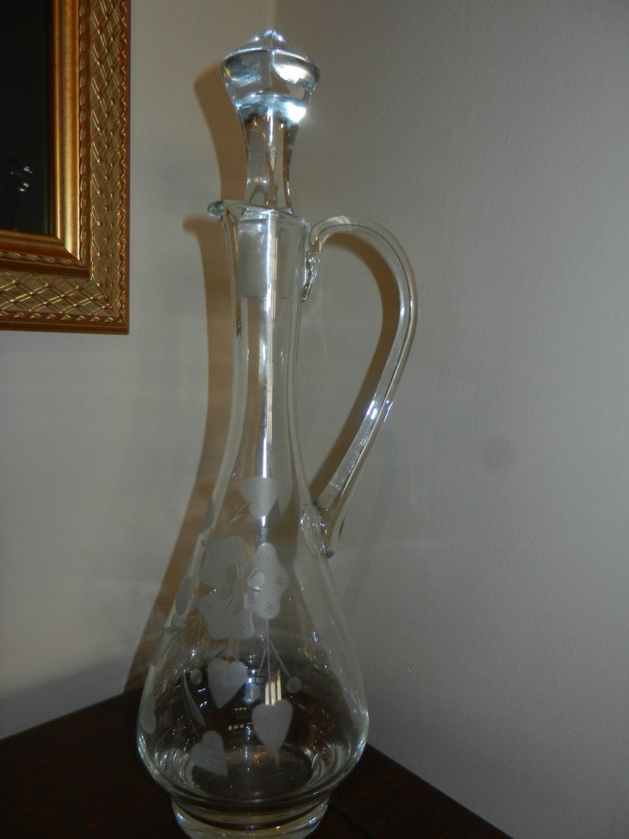 Vintage Crystal Etched Glass Decanter w Crystal Stopper