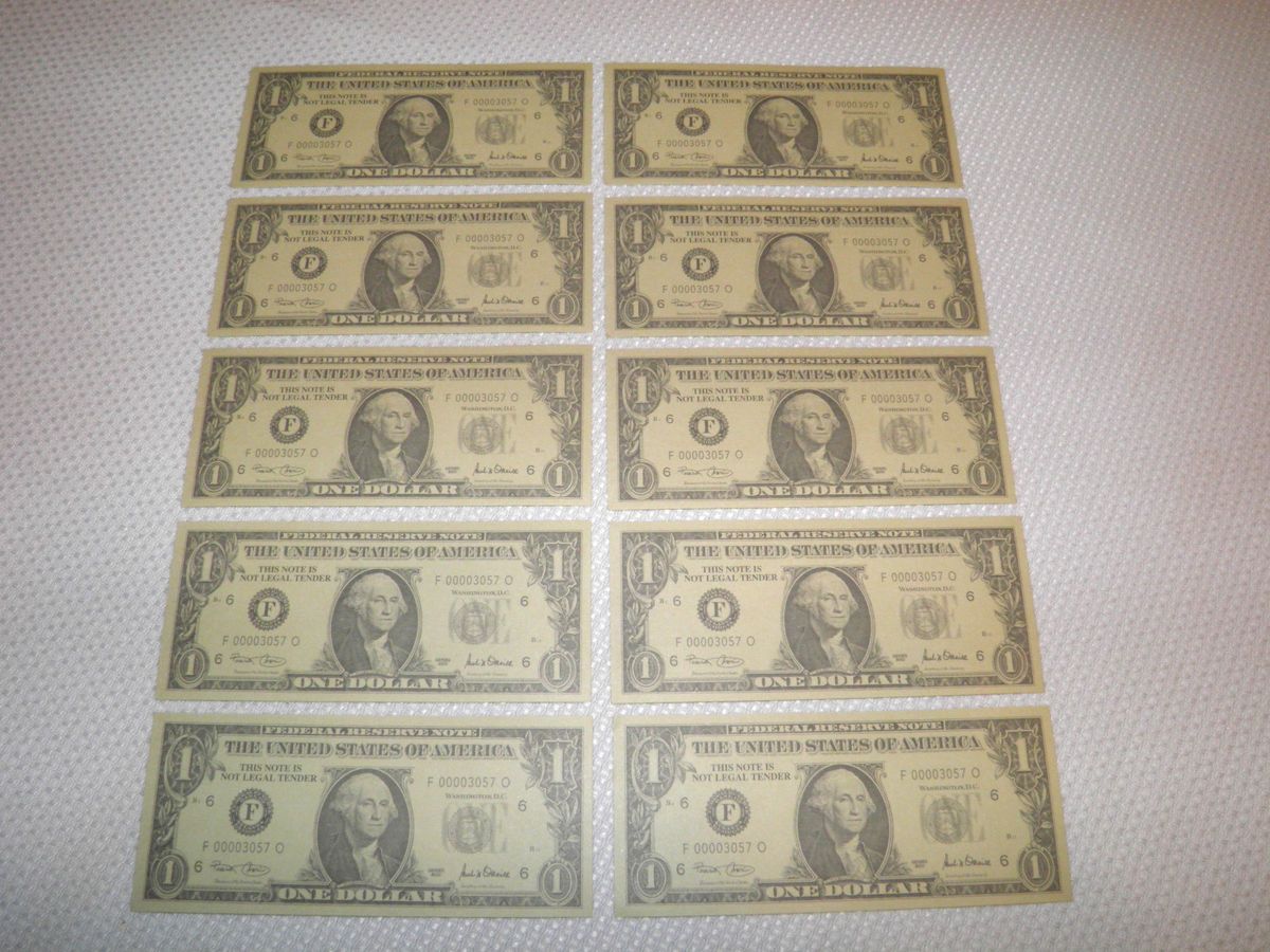 Lot of 10 One Dollar Bills, Pretend Play Money, Fake Bucks