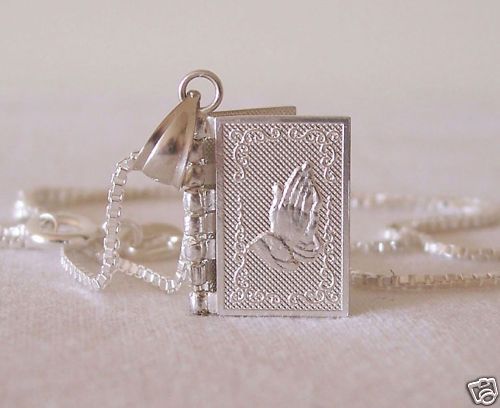 MINI ENGLISH BOOK LOCKET SILVER .925 BIBLE PENDANT LORDS PRAYER CROSS