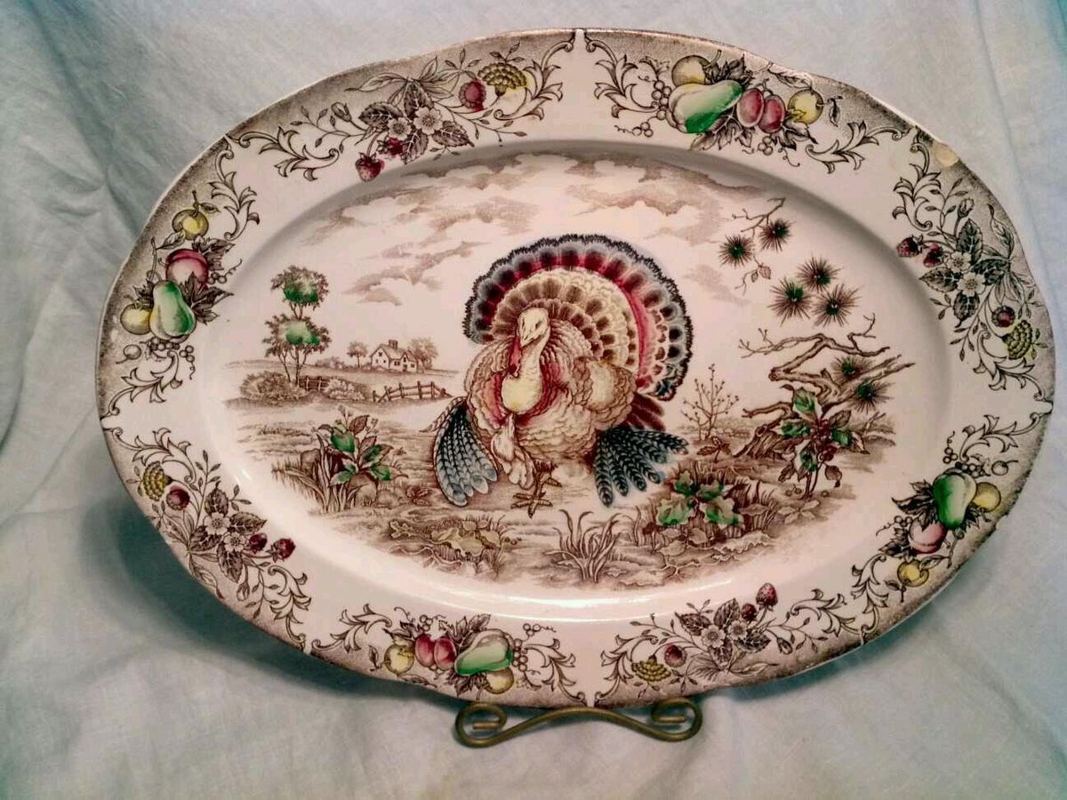 Vintage Turkey Platter Brown Transfer Ware