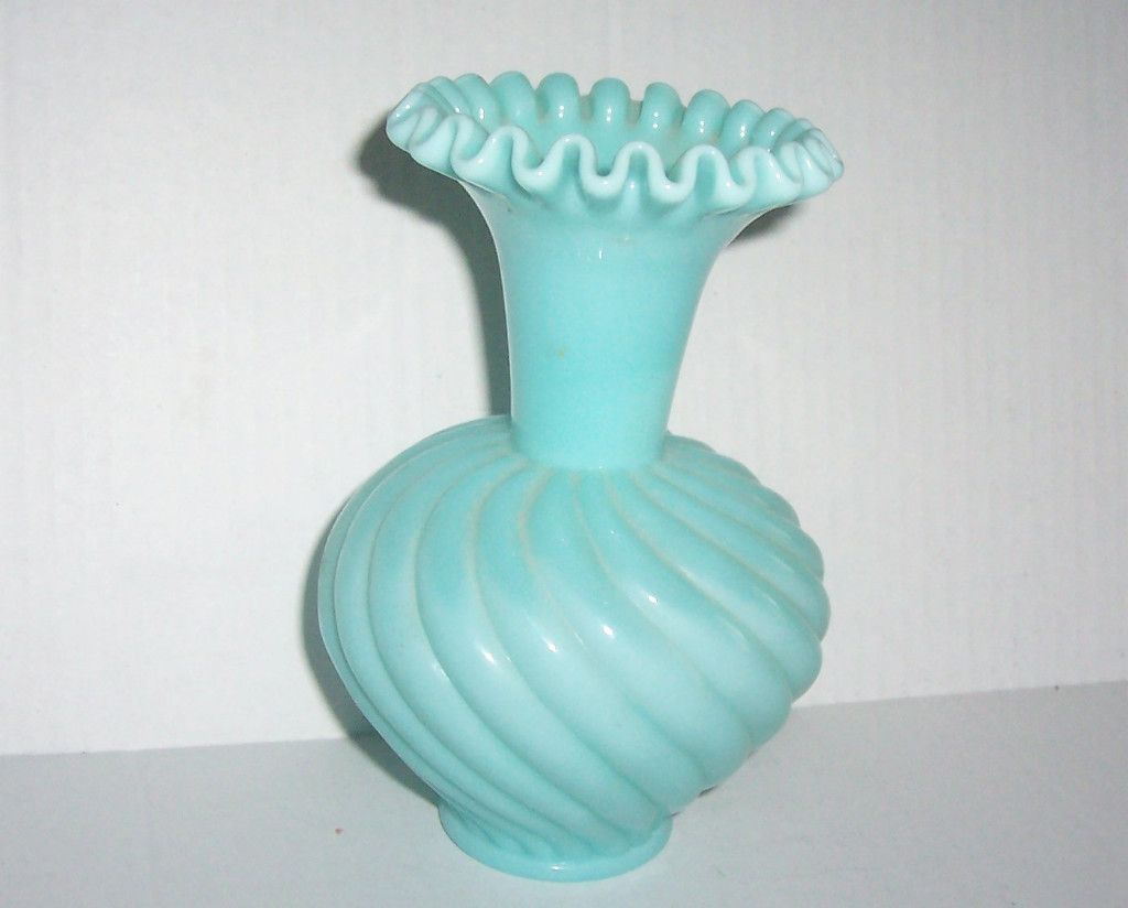 Fenton Art Glass Swirl Vase Turquoise Blue Mid Century