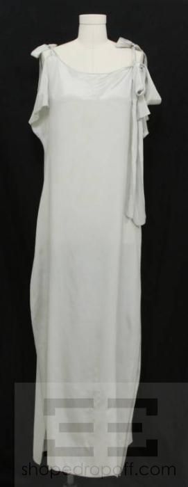 Fernando Sanchez Light Grey Silk Tie Shoulder Belted Long Nightgown