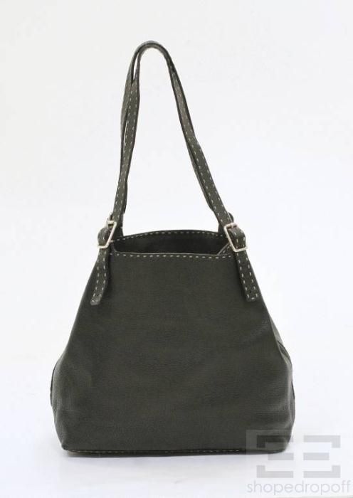 Fendi Selleria Black Topstitched PEBBLED Leather Tote Bag