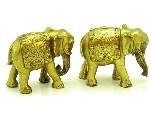 Brass Pair of Feng Shui Elephants with Trunks Down