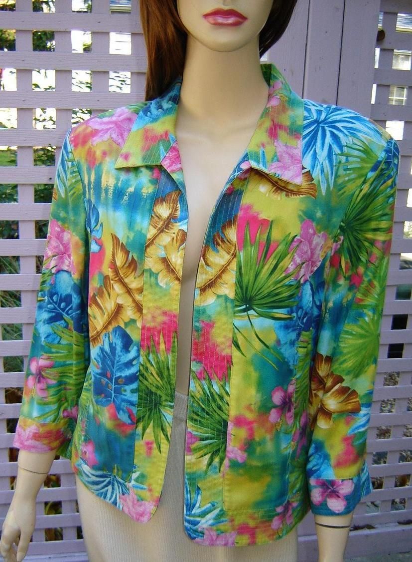 Nancy Bolen City Girl Tropical Floral Open Front Lined Silk Jacket L