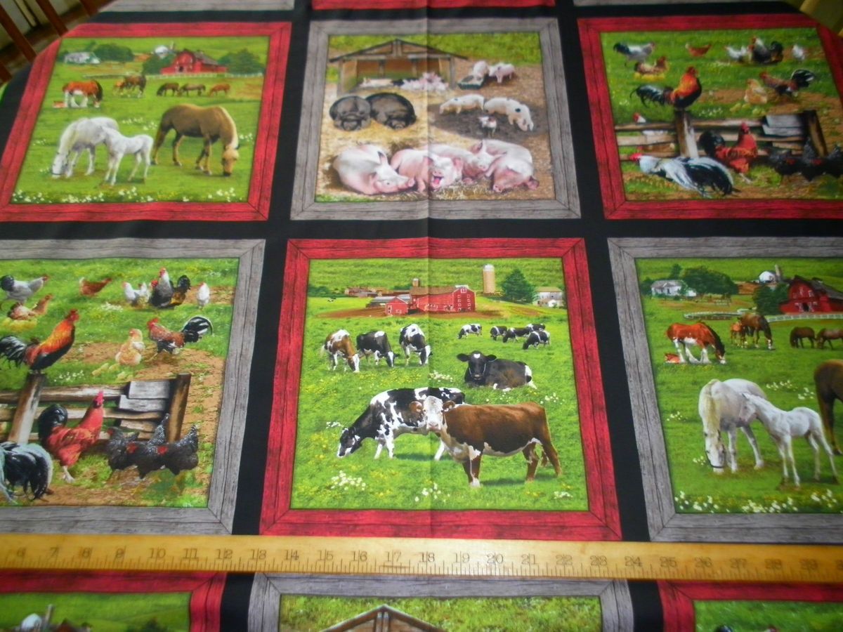 Elizabeth Studio Fabric Farm Animals 23 Panel Chickens Horse Pig Cow