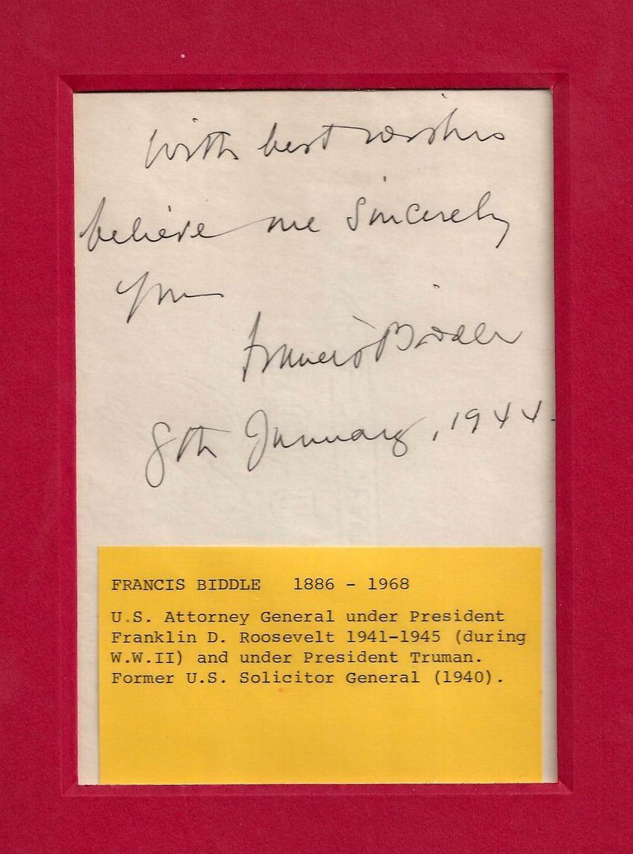 Francis Biddle Autograph with Inscription 1944 Nazi Nuremberg St Jude