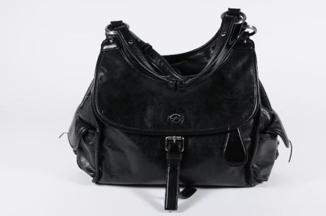 Francesco Biasia Black Leather Strap Flap Dual Pocket Zip Top Hobo