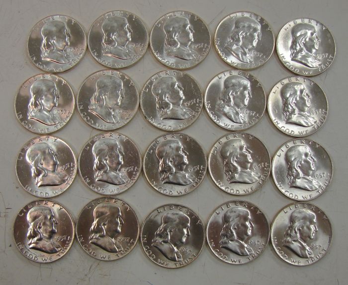 20 1957 US Franklin Silver Half Dollar Coin Lot UNC $10 Silver Face 1