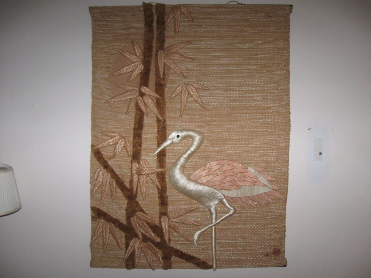 Vtg. Don Freedman Deco Textile Pink Flamingo & Palm Tree Wall Hanging