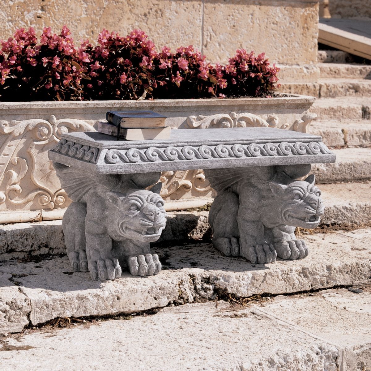  Sentinel Twin Menacing Gargoyle Statues Indoor Outdoor Garden Bench