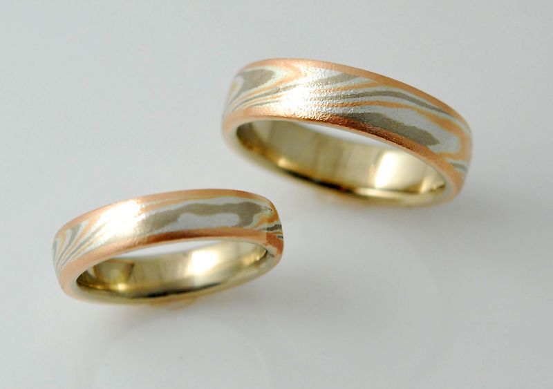 Tri Color Inlayed Mokume Gane Two Ring Wedding Set