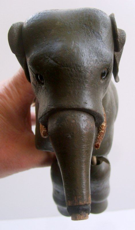 Old Antique SCHOENHUT Wood Elephant Glass Eyes Leather Ears, Tusks