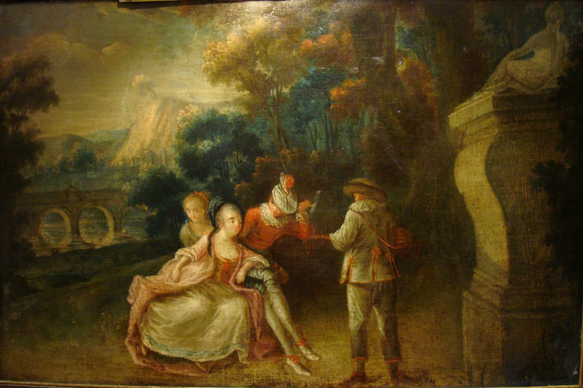 Huge Fine 18th Century French Fete Galante Ladies Landscape Antique