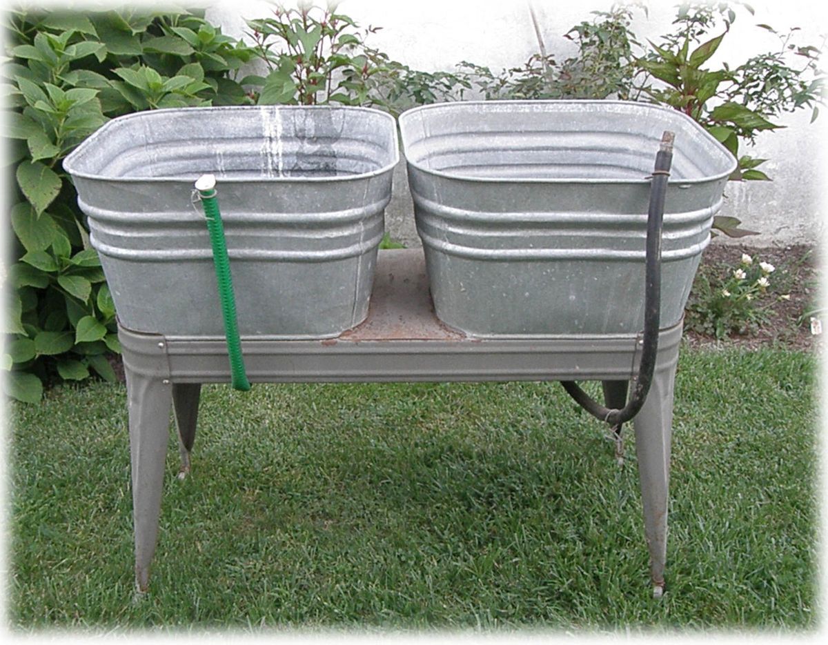 Vintage Double Galvanized Washtub Wash Tub Stand Planter Cooler Garden