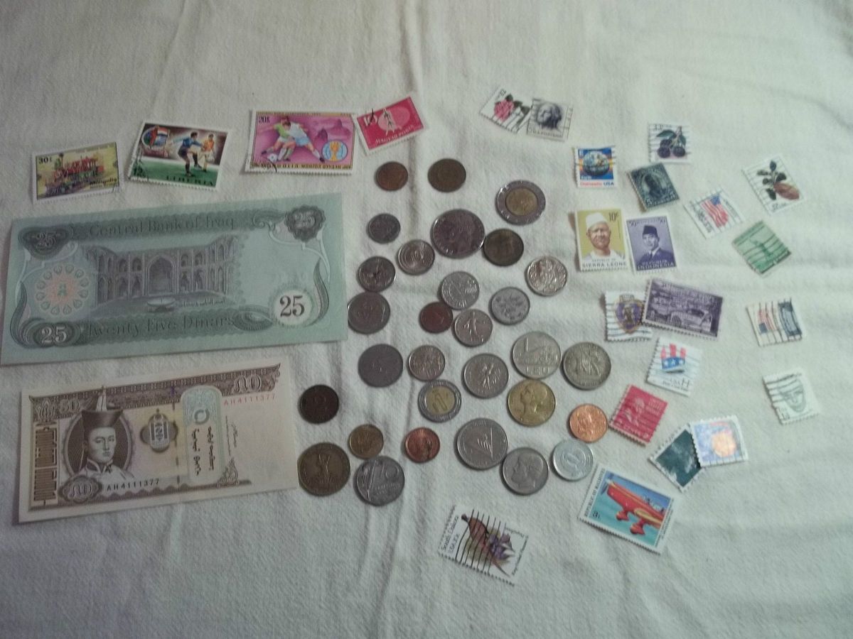 Vintage Junk Drawer 30 Coins Paper Money US World Stamps Silver Lot 83