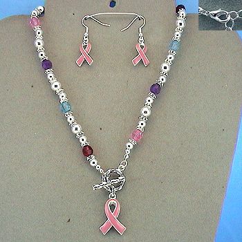 Breast Cancer Pink Ribbon Necklace Earrings Multi color Beads