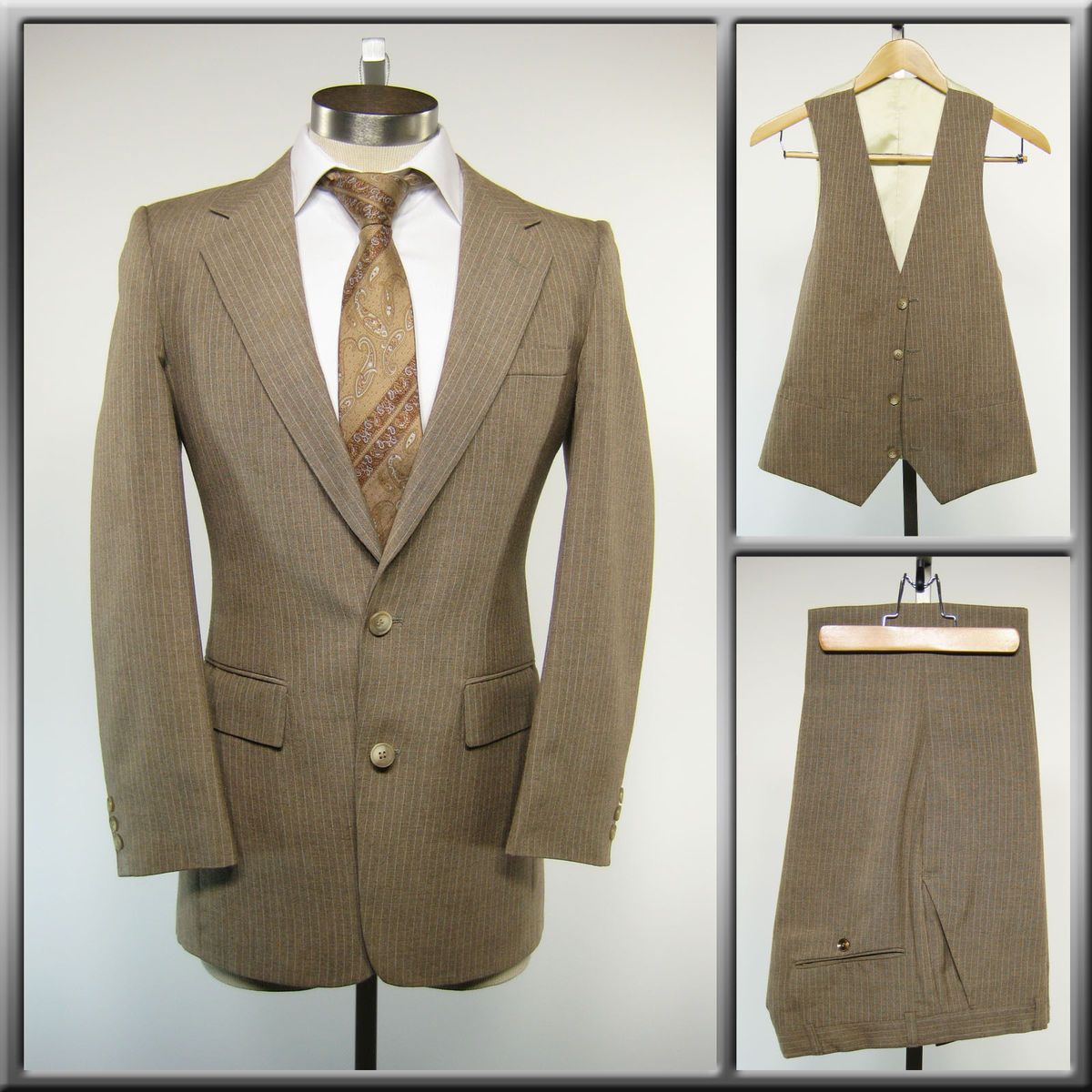 vintage MENS 3pc SUIT by David George VEST vested 37L 32W Pinstripe 38