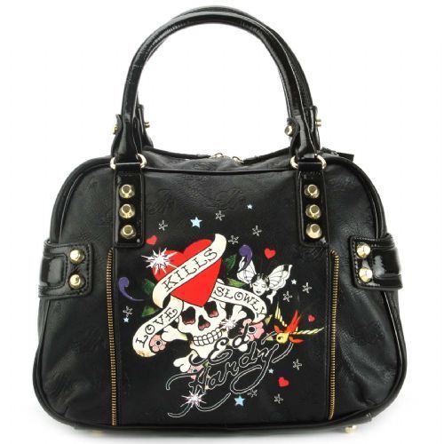 ED HARDY ALEXANDRA LOVE KILLS SLOWLY BLACK SATCHEL RARE FREE PRIORITY