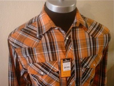 Orange Black Long Sleeve Plaid Pearl Snap Rockabilly Cowboy Western