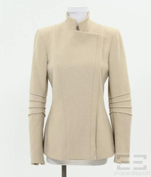 Giorgio Armani Camel Asymmetric Zip Front Ribbed Sleeve Jacket Size 40