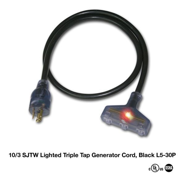 25ft 10 Gauge 30A 125V SJTW Generator Cord L5 30 Plug Lighted 3way