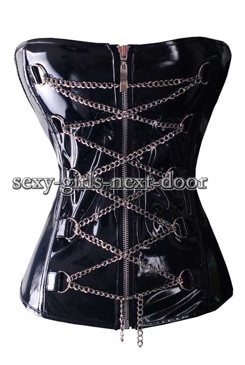 Black Punk PVC Vinyl Corset Metal Zipper Chain Bustier s A118