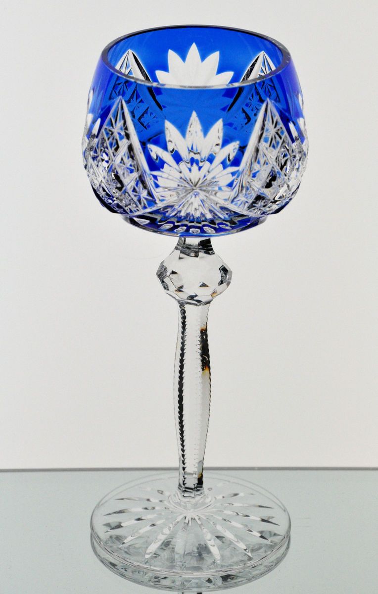  Cobalt Blue Cut to Clear Cased Crystal Wine Goblet Glass