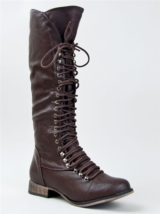  Women Military Lace Up Combat Knee High Boot Sz Brown GEORGIA85