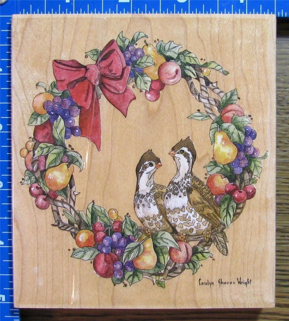 STAMPS HAPPEN WRIGHT rubber XL CHRISTMAS PARTRIDGE WREATH BIRDS FRUITS