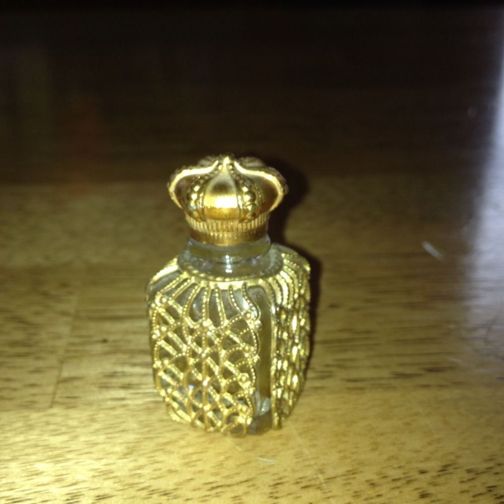 ANTIQUE RARE MINIATURE PERFUME BOTTLE Gold Overlay And Crown Top